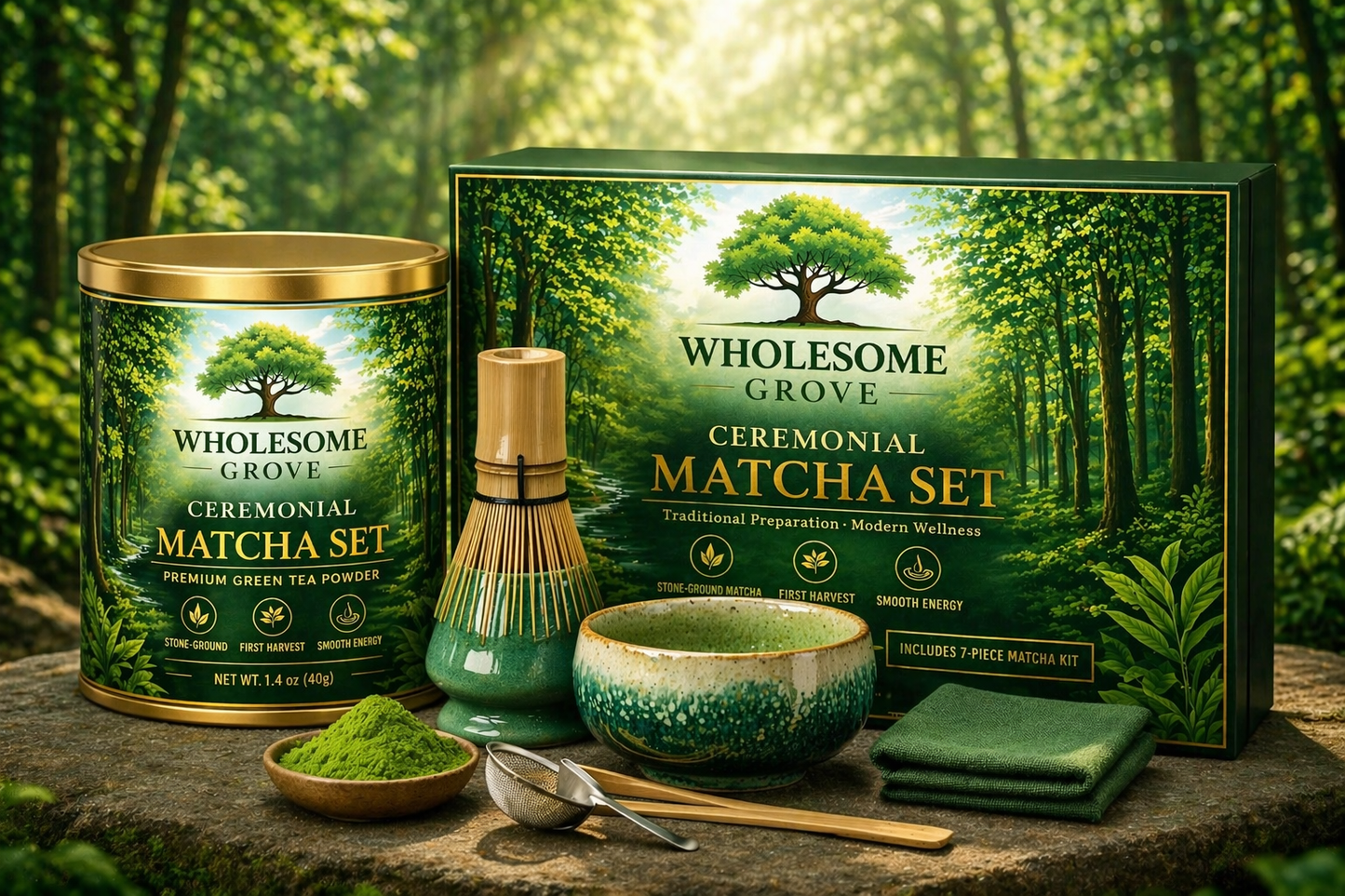 Wholesome Grove Ceremonial Matcha Set Bundle (Matcha Tea & Traditional Preparation)